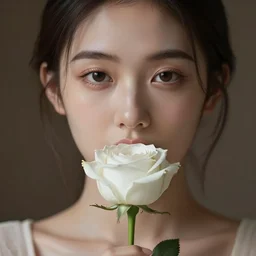 hight focus of a wonderful realistic sweet wonderful symmetrical portrait of a lady with a clear skin, she is eating a realistic white rose, dramatic light, cinematic, artstation, octane render 8 k s 1