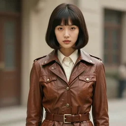 youthful asian demure, exquisite features, feminine cut, 1 9 7 0 s frontiers in flight leather suit, butch billy, lara jade