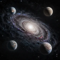 a vast galaxy, five planets, intricate, highly detailed, digital painting, concept art, illustration, deep dark, artstation, Profound and vast, black, by Elizabeth Miloecute