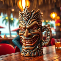 a closeup photorealistic photograph of a superman tiki mug at a trader vic's beach bar. tiki culture. bright scene. fine detail. this 4 k hd image is trending on artstation, featured on behance, well - rendered, extra crisp, features intricate detail, epic composition and the style of unreal engine.