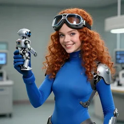 american department, a 3 0 - year - old female scientist, blue rubber aerospace tights, wearing pilot's goggles, scientific and technological style, mechanical style, bright smile, red curly hair, blue gloves, small robot in hand, movie level realism, surrealism, virtual engine 5, detail texture, real shading composition, mixer rendering