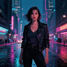 a woman standing in front of a city at rainy night, cyberpunk bladerunner 1 9 8 2 art by ilya kuvshinov, cgsociety, retrofuturism, ilya kuvshinov, artstation hd, artstation hq