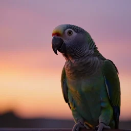 lonely parrot looking at the vaporwave sunset