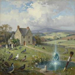 medieval battlefields in front of a house with birds and animals around it and magic water, mystical creature, sharp brush, soft color, landscape painting by patrick woodroffe