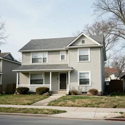 a poor American suburban house with architecture inspired by UN building