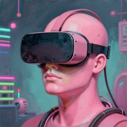 Kenne Gregoire, David Friedrich, award winning masterpiece with incredible details, a surreal vaporwave vaporwave vaporwave vaporwave vaporwave painting by Thomas Cole of an old pink mannequin head wearing VR goggles with cables and wires coming out of it's neck, highly detailed