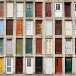a large building facade covered by lots of different makeshift doors, photographed by ansel adams, sony a 7 r 3, f 1 1, fully frontal view, ultra detailed,