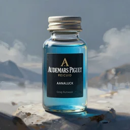 concept art of a audemars piguet blue iridescent liquid dietary supplement in a transparent bottle with big black sticker on it by aenaluck, artgerm and roberto ferri and greg rutkowski, blue and white tones, digital painting, artstation, concept art, smooth, sharp foccus ilustration hq