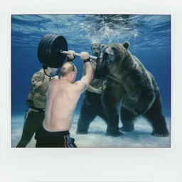 medium shot, vladimir putin pumping iron l, underwater with grizzly bear, polaroid photo, vintage, neutral colors, underwater, by shawn heinrichs and gregory crewdson