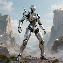 portrait of cyborg wearing a sci - fi silver exoskeleton, full body shot, rule of thirds, action pose, amazing beautiful landscape in background, fantasy, sci - fi, cyberpunk - style, artgerm and greg rutkowski, 8 k, octane, intricately detailed, highly detailed, trending on artstation