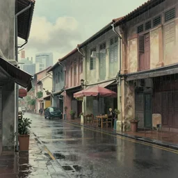 a quiet petaling street in chinatown, kuala lumpur, rainy day, matte painting, studio ghibli, artstation