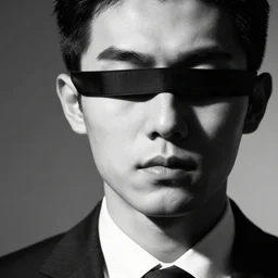 photograph of a modern business man in a suit, censor bar over his eye, face closeup, strong shadows, monochrome