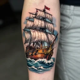 a pirate ship sailing in the sea, realism tattoo design, amazing shades, clean white paper background, in the style of david vega