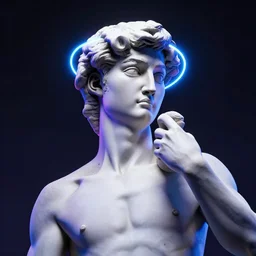 the statue of david with a neon ring around the head in a synthwave, digital art, 3d render