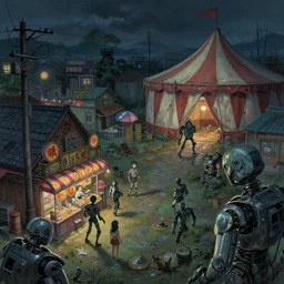 close - up of old cyborgs exploring small town cyperpunk amusement, food stalls, big top circus tent, highly detailed, nightmare, japan, digital painting, concept art, matte, art by ruan jia and wlop and greg rutkowski and makoto shinkai, masterpiece
