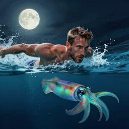 michael phelps swimming away from a turquoise squid in the pacific ocean, closeup, portrait, moonlit, dark, ominous, illustration, volumetric light, highly detailed