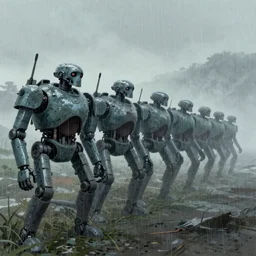 army of robot lining up preparing for war, rainy, foggy, ando oder utagawa hiroshige