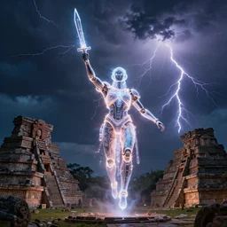 Glowing futuristic cyborg levitating above ancient Mayan ritual during thunderstorm with lightning, the obsidian dagger raised high in the priests hands. Hidden meaning. Ultra high resolution, intricate details