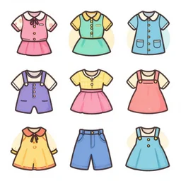 cute random stickers of 7 0 s vintage clothes, colourful pastel illustration style