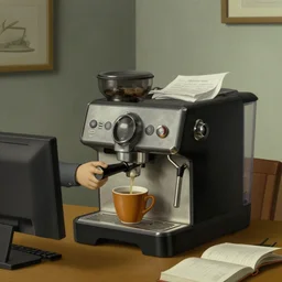 an anthropomorphized coffee machine being abused in an office, surrealist, by rene magritte