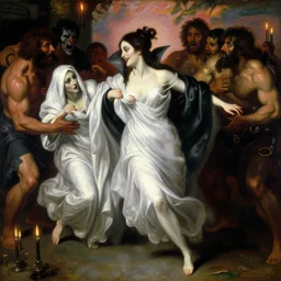a renaissance oil painting by alma tadema of demonic beautiful vampire woman mistress of death mourning widow running in fear from a group of muscular gigachad men, faint smile dark lipstick, dark lit candles, colourful pastel trending artstation, detailed portrait academic bouguereau caravaggio high shadow contrast medium shot