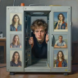 stunning painting of the man hiding inside the Stable Diffusion machine drawing all the images