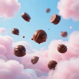 chocolates flying around in cotton candy world