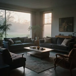 sunrise in a tastefully decorated living room with dark luxurious furnishings, and a mix of antique and modern furniture, and a mix of concrete and wood finishes, soft focus cinematic still, dark dreamy sunrise dappled light by maxfield parrish