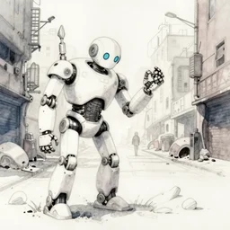 watercolour painting of a broken robot repairing its own arm in a post apocalyptic city street, anime, pencil lines, light watercolour, pale sky, beautiful artwork, anime screenshot, akihabara