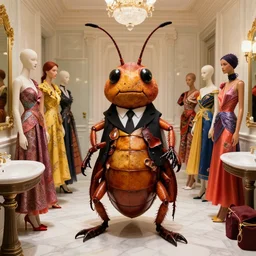 a big cockroache being the jury of a fashion show inside a bathroom, clothes made of cockroaches parts, cockroaches dressed as models, colourful fabrics, cockroaches modelling, inside the grand budapest hotel, five star fashion show, trending in fashion magazines.