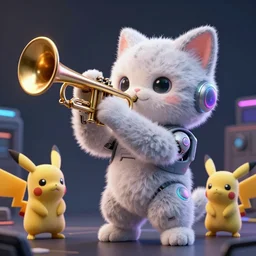 high quality 3 d render very cute fluffy cyborg!! cat plays trumpet, cyberpunk highly detailed, unreal engine cinematic smooth, in the style of blade runner & detective pikachu, hannah yata charlie immer, moody light, low angle, uhd 8 k, sharp focus