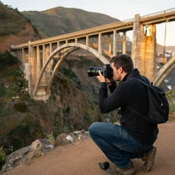 photographer with a large format camera photographing a bridge. the bridge is made out of rock and looks like the golden gate bridge. arches national park. golden hour