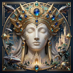 symetrical art deco poster illustration highly detailed ornate with jewels and precious metals majestic face of the sandman kingdom, close up in the bg entrance castle kingdom of dreams, space ships, futuristic, land of advanced races, giants, hollow earth, hiperrealistc, global illumination, radiant light, detailed and intricate environment. art by oleg oprisco, 8 k