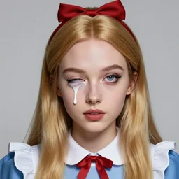 lazy eye melting hyper realistic photograph of pretty girl, alice in wonderland, dj sura face, artgerm, ilya kuvshinov