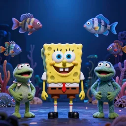 a cast of bioluminescent aquatic themed puppets based on real fish and aiming to bring awareness to ocean pollution, in the style of muppets, lighting from spongebob the musical on broadway, real, photograph, cinematic