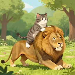 cat riding a giant lion in the park, digital art