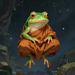 a frog that has learned the answer to every known question in the universe and become fully spiritually enlightened wearing monk garb and floating