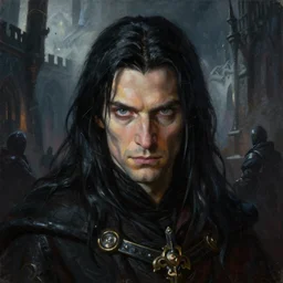 a highly detailed painting of a male sorcerer with piercing eyes and black long hair in dimly lit castle setting, dynamic light, ambient light, art by artgerm and karol bak and mark brooks and michael whelan