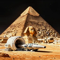 a warm colours, high contrast dark hyperreal deep space cyberpunk egiptian pyramid maschinen krieger mri machine millennium falcon space-station Vuutun Palaa submarine, space-station Vuutun Palaa, ilm, beeple, star citizen halo, mass effect, starship troopers, elysium, the expanse, iron smelting pits, high tech industrial, dramatic nebula sky, volumetric lighting