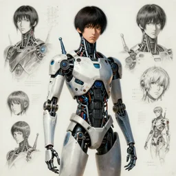 wide shot portrait of a young male japanese cyberpunk android with robot and cyborg parts, artwork by adolph menzel, ghost in the shell production design
