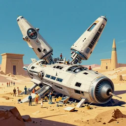 spaceship wreckage in ancient egypt by martin deschambault, dean ellis, peter elson, chris foss, josan gonzalez, david a hardy, john harris, wadim kashin, angus mckie, bruce pennington, retro 1 9 6 0 s sci - fi art