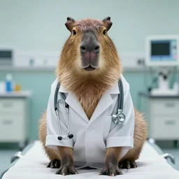 a capybara wearing a lab coat and a stethoscope in a hospital