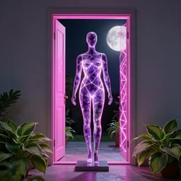 beautiful mannequin sculpted out of amethyst by billelis + lit with 3 d geometric neon + facing a doorway opening with neon pink geometric fractal light + flowering hosta plants!!!, moon in background!!!!!!!!, rule of thirds, clean linework, dramatic, award winning, 4 k, trending on artstation, photorealistic, volumetric lighting, octane render