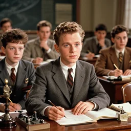 sharp, highly detailed, high quality frame scan from a sci fi blockbuster color movie made in 2 0 1 9, set in 1 9 5 5 in an alternate universe, a magic lesson in a classroom in the school of science and magic, all wearing 1 9 5 0 s era clothes, good lighting, in focus, cinematic still, high quality scan, in focus, detailed eyes, realistic faces, award winning lighting, award winning photography, ultra high definition