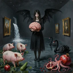 painting of a flooded dark art gallery and a tall emo girl holding a giant brain, incubus, art gallery interior, pigs, courgette, waterfall, pomegranates, octopus, zen, liminal space, black swans, berries, surrealist, by magritte and monet