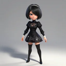 pixar character : hyperrealistic full - body portrait of beautiful journalist alex wagner as a dark - haired nier automata, with black bob hairstyle and mischievous smile, by pixar, disney animation, highly detailed, dynamic shadows, 4 k, splash art