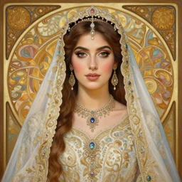full body portrait of a beautiful Kurdish bride wearing a beautiful wedding dress, very detailed eyes, hyperrealistic, beautiful and symmetrical face, very detailed painting by Claude Monet and Alphonse Mucha, ornate, trending on artstation, extremely high detail, incredibly intricate