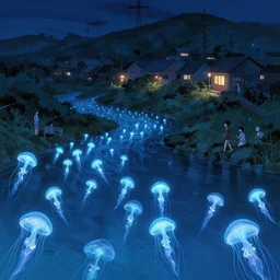 glowing jellyfish immigration in a river, village watching from the shore, evocative, mystical night, detailed, award - winning, trending on artstation, deviantart artwork by makoto shinkai and james gurney,