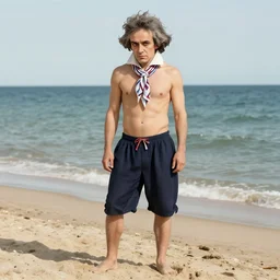 Beethoven wearing jorts on the beach