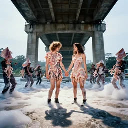 irradiated lovers hold hands under a bridge made of raw chicken. they cast a deathly shadow over the foreground. a troupe of breakdancing squid entertain to the left hand side. foam party to the right